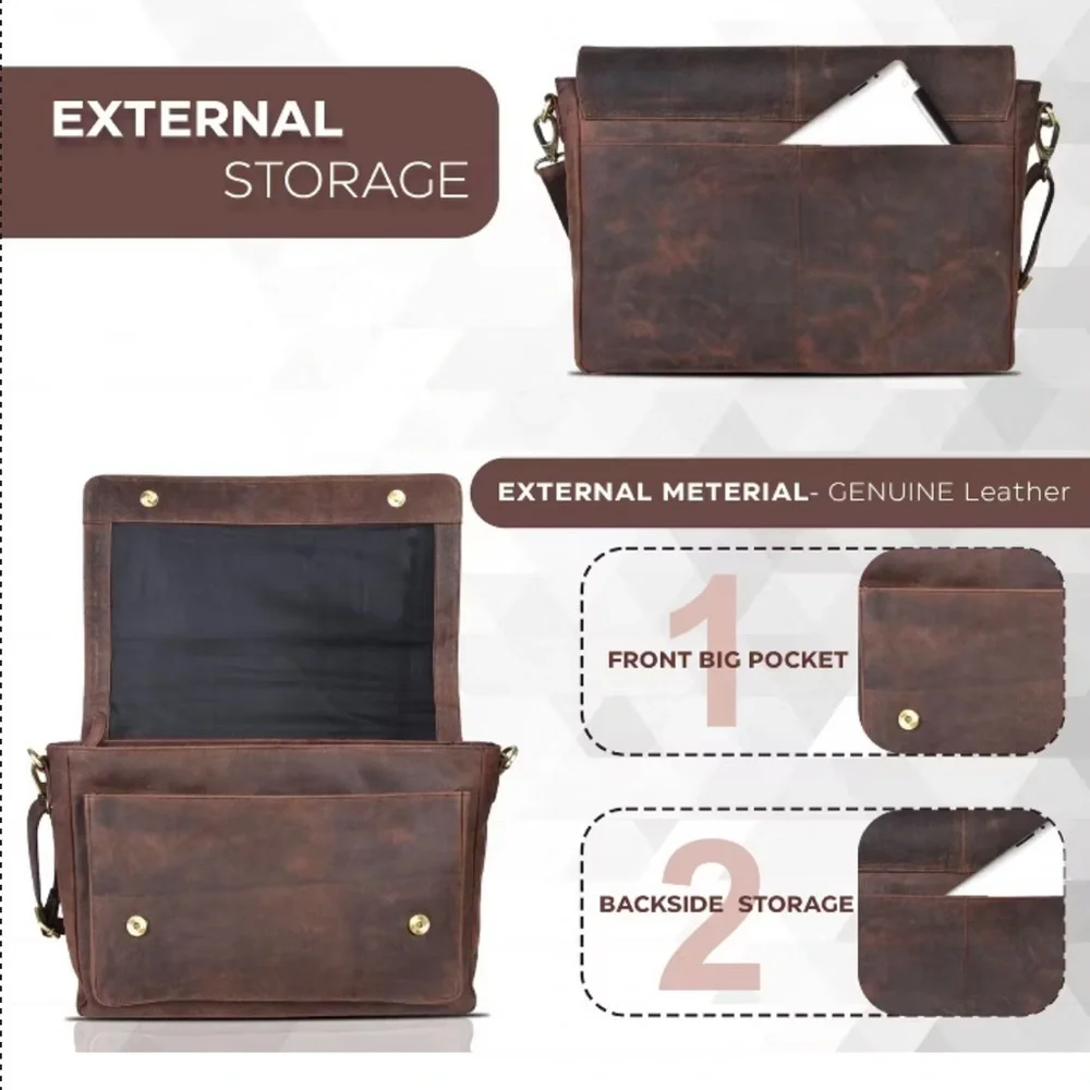 Brown Leather Messenger Bag Laptop Briefcase Bag College Office Adj Strap NWT